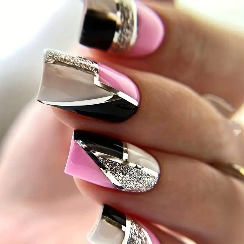 Nails Square Pink Gold Silver