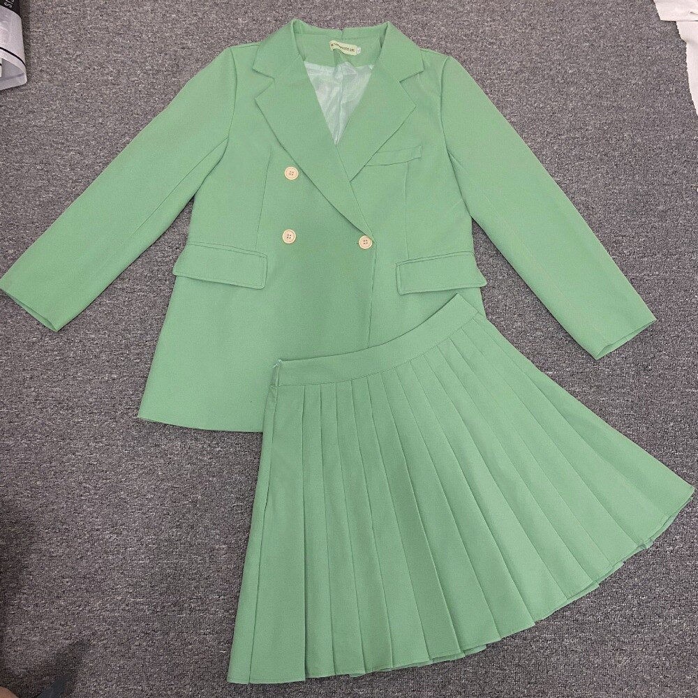 Women Blazer and Pleated Skirt Set Long Sleeve Two Piece Skirt Suits Skirt Suits|