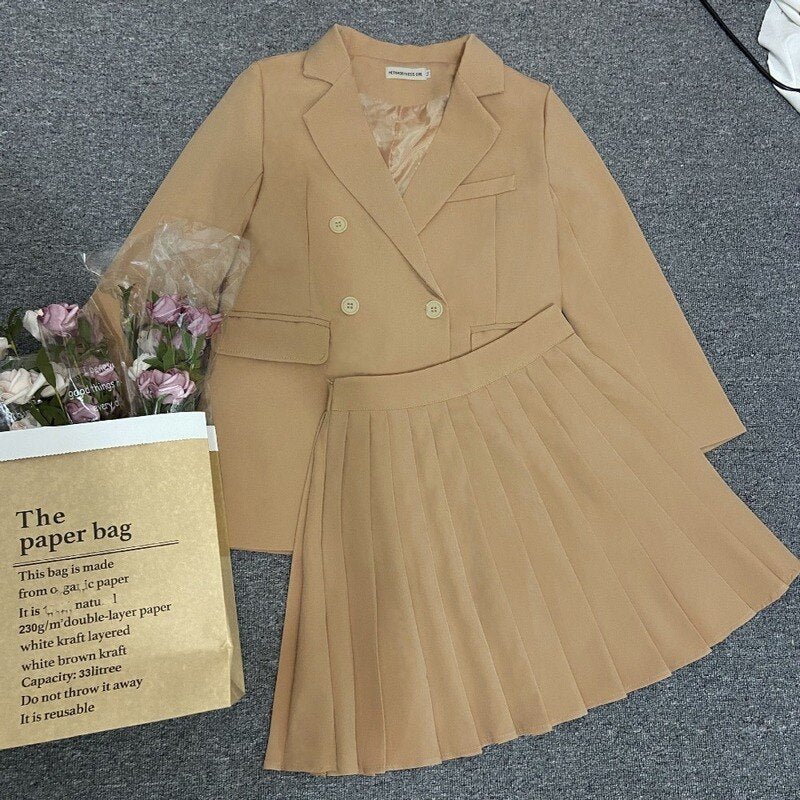 Women Blazer and Pleated Skirt Set Long Sleeve Two Piece Skirt Suits Skirt Suits|