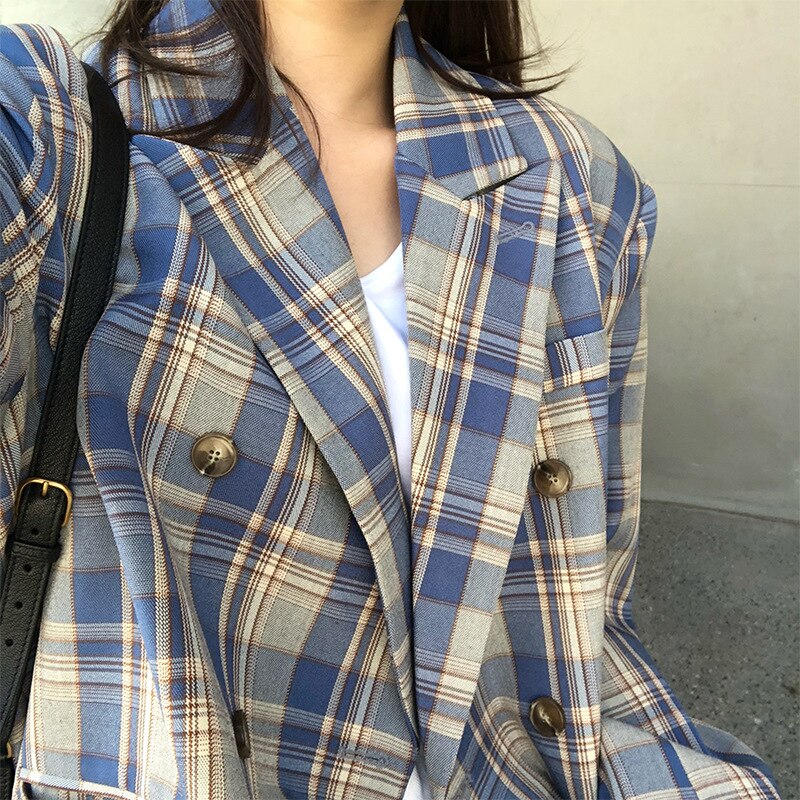 Loose Double Breasted Plaid Blazer