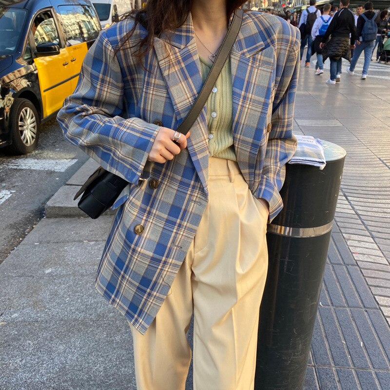 Loose Double Breasted Plaid Blazer