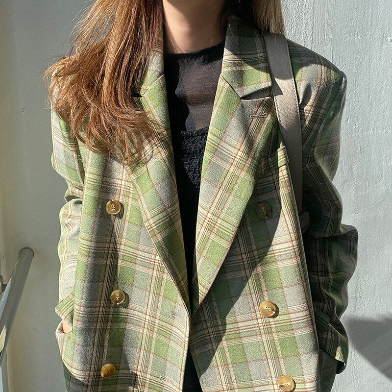 Loose Double Breasted Plaid Blazer