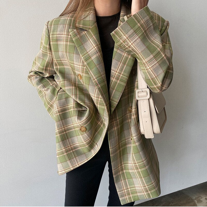 Loose Double Breasted Plaid Blazer