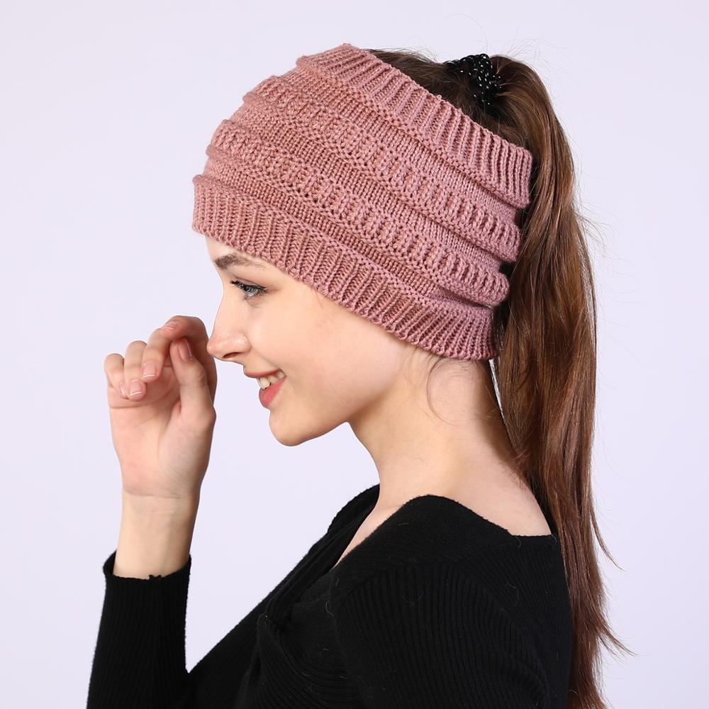 New Women Autumn Winter Ponytail Beanie Hat Solid Color Lady Stretch Knitted Crochet Beanies Hat Cap For Women