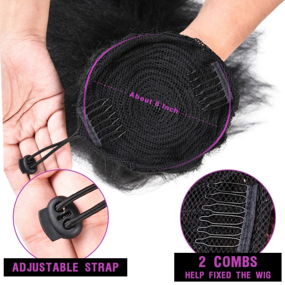 Lydia Tail Warping Synthetic 16" Kinky Straight Hairpiece With Two Plastic Comb Drawstring Ponytail Hair Extension Natural Black