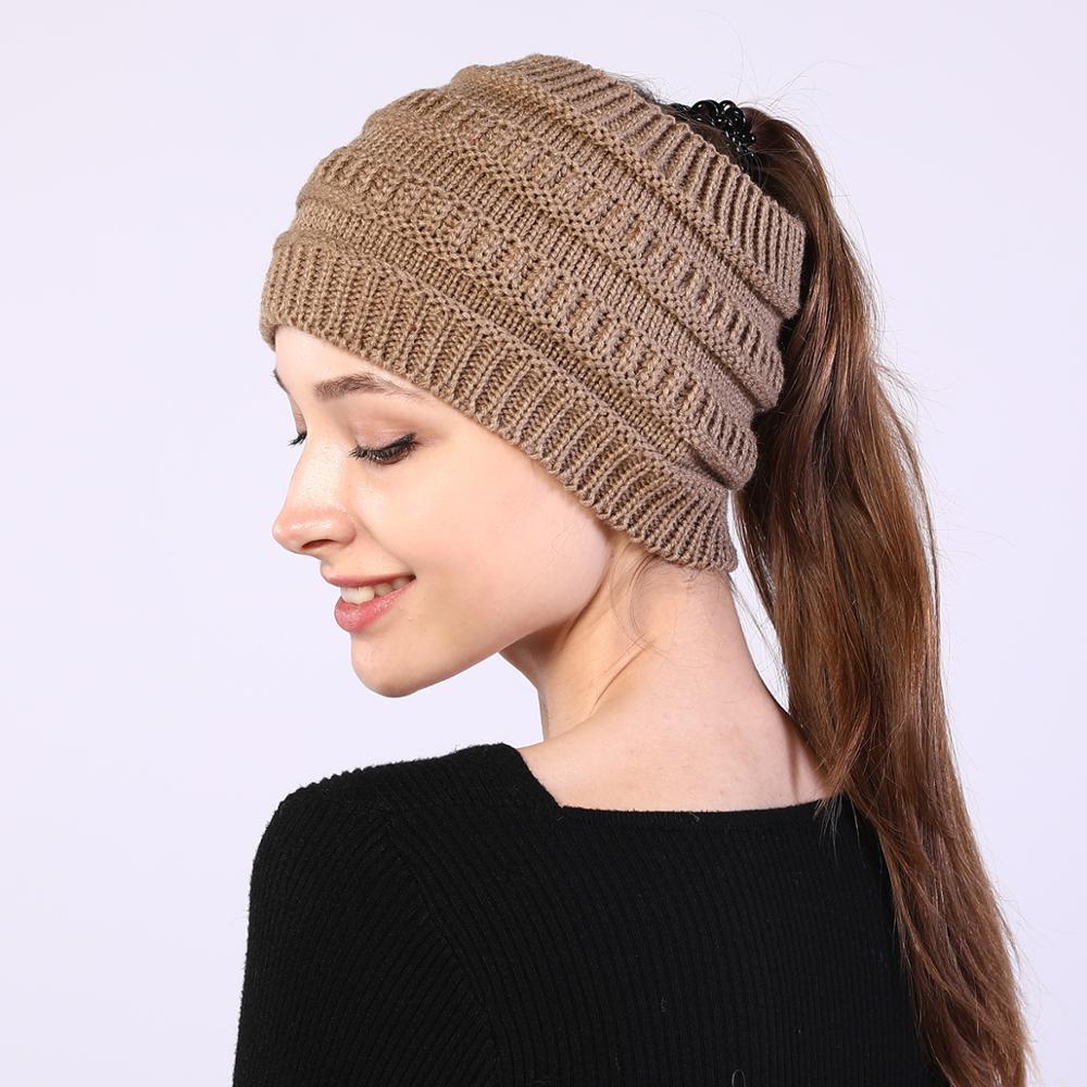 New Women Autumn Winter Ponytail Beanie Hat Solid Color Lady Stretch Knitted Crochet Beanies Hat Cap For Women