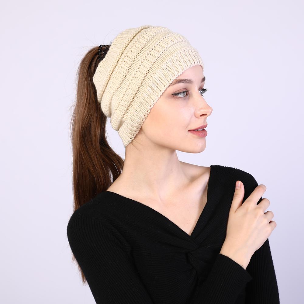 New Women Autumn Winter Ponytail Beanie Hat Solid Color Lady Stretch Knitted Crochet Beanies Hat Cap For Women