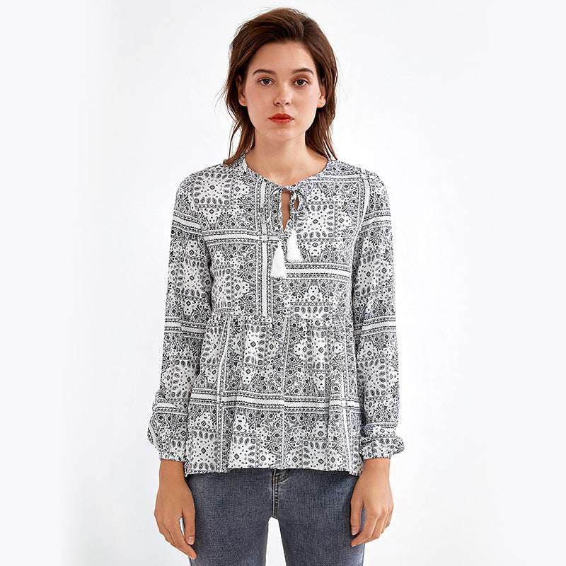 V-neck Long Sleeve Loose Shirt