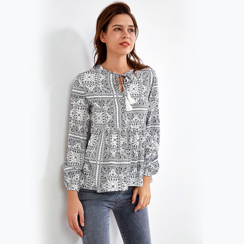 V-neck Long Sleeve Loose Shirt