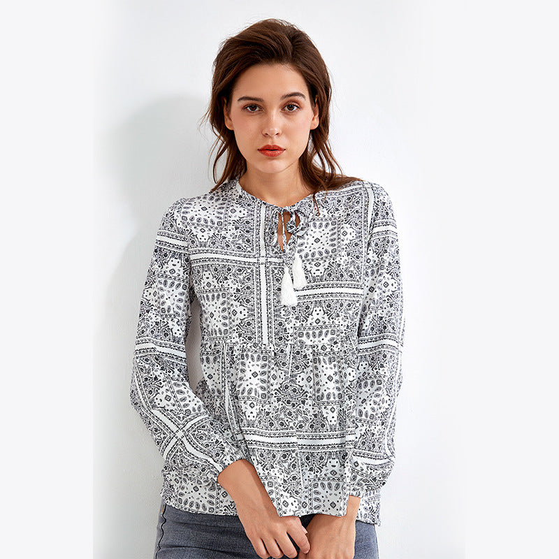 V-neck Long Sleeve Loose Shirt
