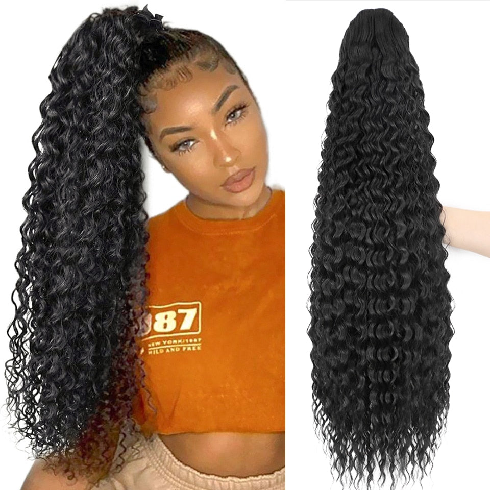 Synthetic Long Kinky Curly Ponytail Drawstring Natural Look