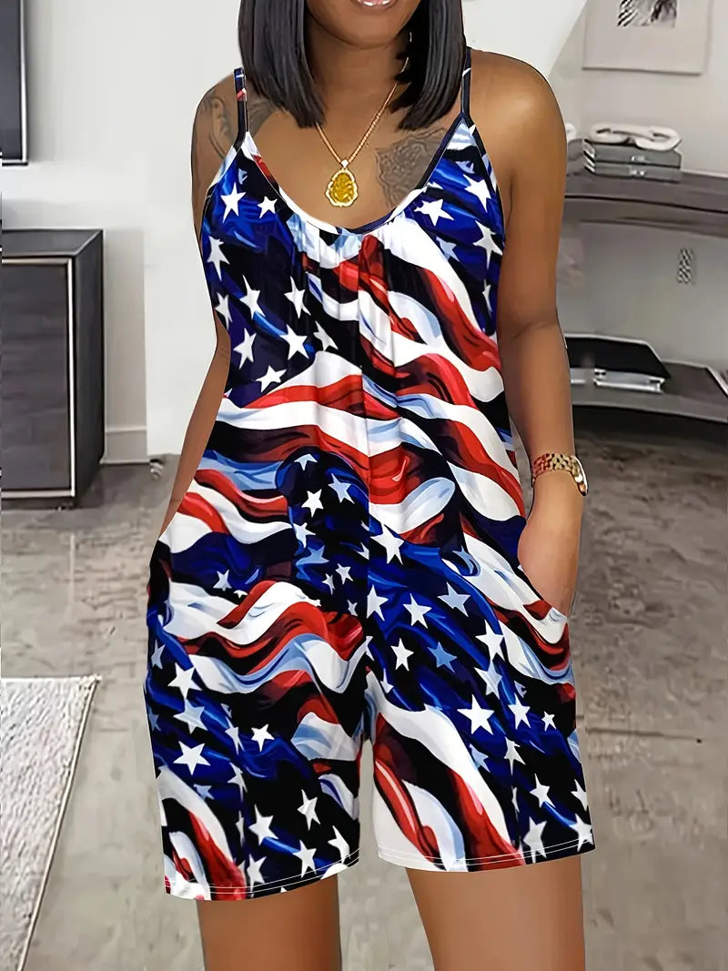 Independence Day Flag Print Cami Romper Jumpsuit