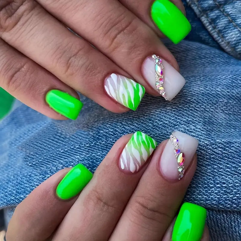 Nails Short Square Shape Lime Green