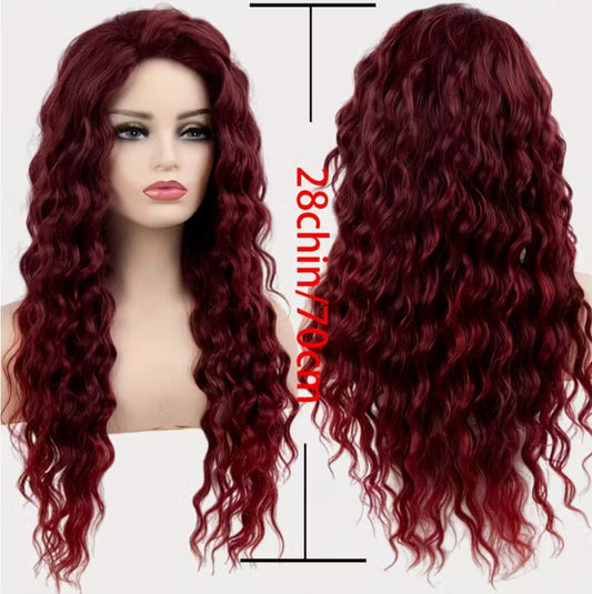 Cinnamon- 28” Deep Wave Synthetic Burgundy Wig Natural for Everyday