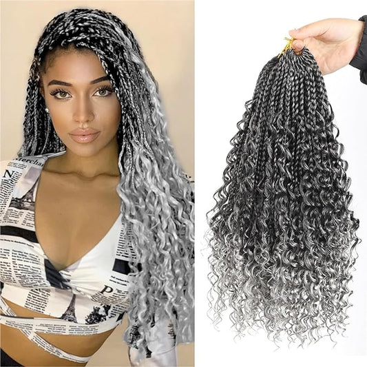 (T-Grey) 16 Inch Goddess Box Braids Crochet Hair With Curly Ends