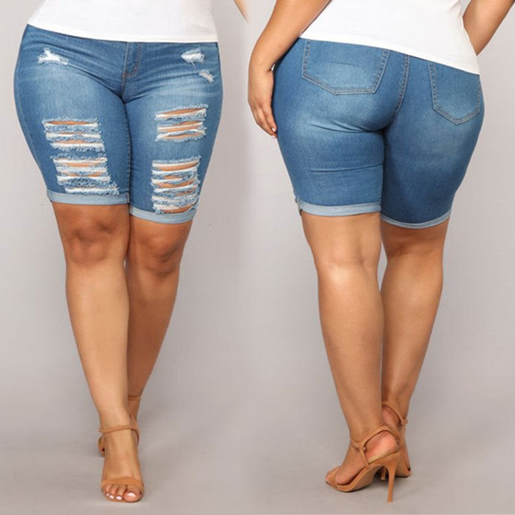 Plus Size- Short Denim Ripped Jeans