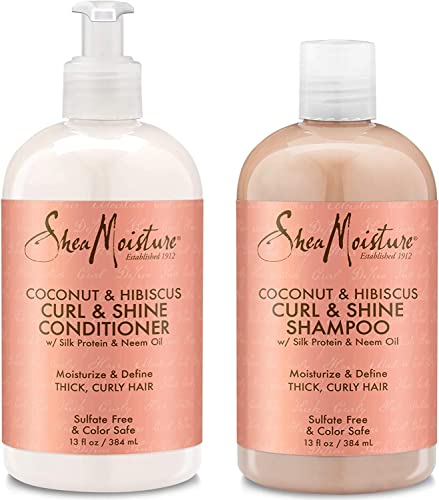 Shea Moisture Shampoo and Conditioner Set, Coconut & Hibiscus Curl & Shine, Curly Hair Products with Coconut Oil, Vitamin E & Neem Oil Provides Frizz Control, 13 Fl Oz Each