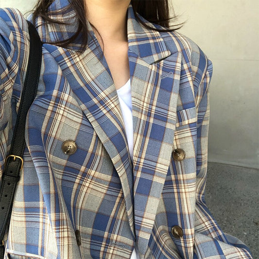 Loose Double Breasted Plaid Blazer