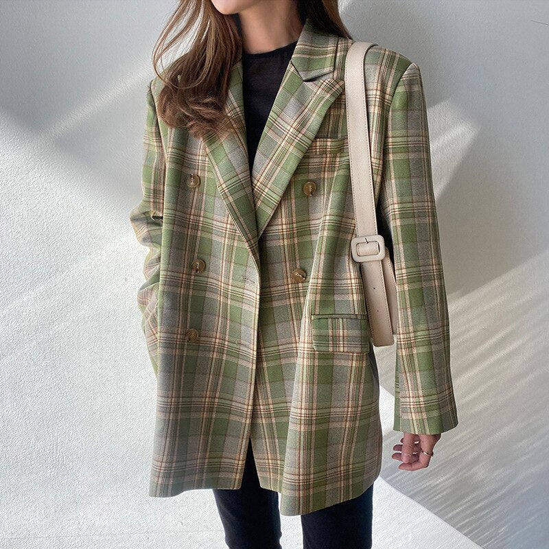 Loose Double Breasted Plaid Blazer
