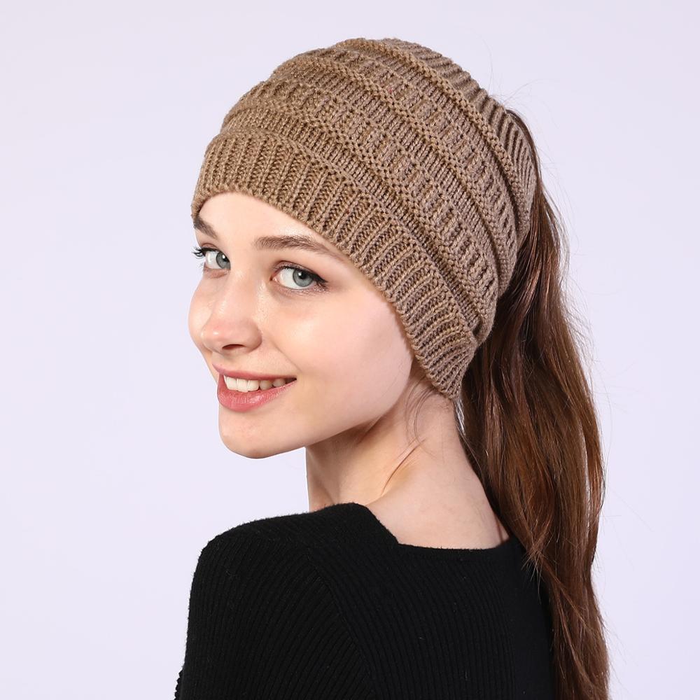 New Women Autumn Winter Ponytail Beanie Hat Solid Color Lady Stretch Knitted Crochet Beanies Hat Cap For Women