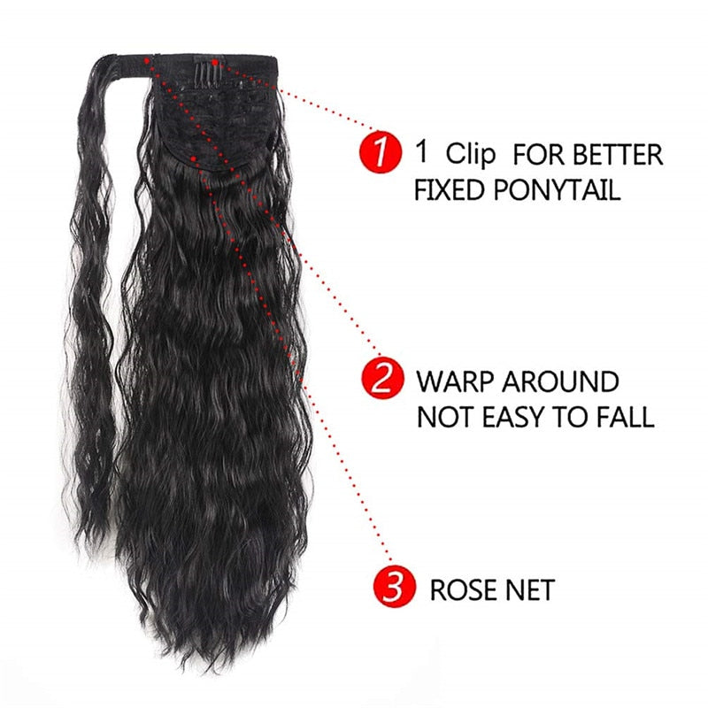Long Curly Ponytail Natural Wrap On Clip Hair Synthetic