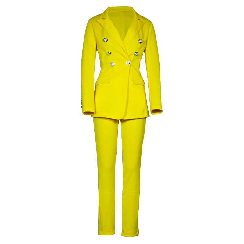 New Pink Yellow Blazer Pants Set Two Piece Women's Business Suit Blazer Set Office Ladies Solid Colors Formal Suits with Buttons|Pant Suits|