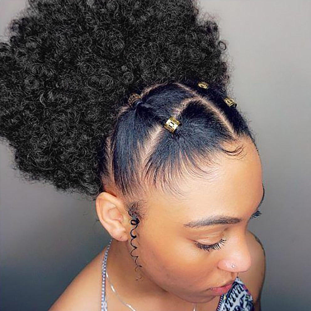Synthetic Short Afro Puff Bun Ponytail With Drawstring And Clip In Extension